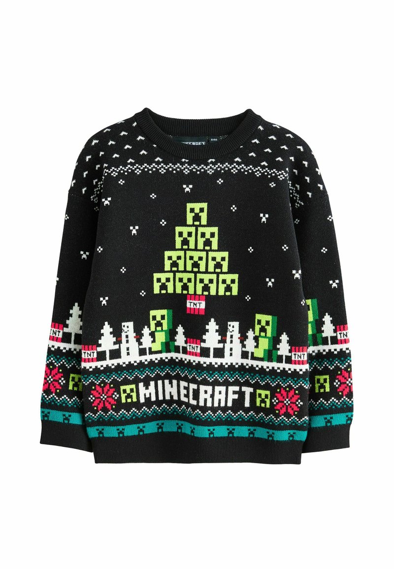 Zwarte trui met een Minecraft ontwerp, waaronder groene creepers, TNT-dozen en witte sneeuwvlokken. Ribbelkraag en kleurrijke hemaccenten.