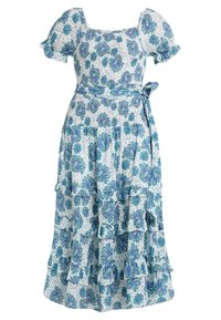 Blommönstrad klänning med korta puffärmar, fyrkantig halsringning och lager-på-lager franskjol. Har nyanser av blått och grönt på en vit bakgrund.