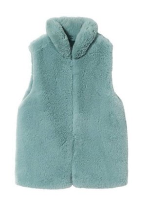 Gilet senza maniche in pelliccia sintetica azzurro chiaro morbido, con collo alto, progettato per calore e stile.