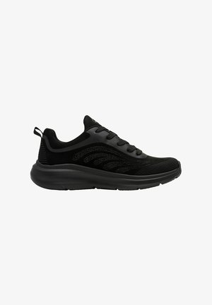 Black athletic shoes with a combination of smooth and textured materials, featuring a lace-up design and a cushioned sole for support.