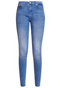 Blå högmidjade smala jeans med fram- och bakfickor, knappstängning och lätt blekning på låren och knäna.