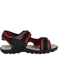 Sandali sportivi da uomo con tomaia in rete grigia, cinturini blu navy e rossi, fibbia regolabile, soletta imbottita e suola in gomma nera.