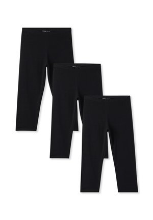 Trzy pary czarnych legginsów wykonanych z elastycznego, gładkiego materiału. Każda z nich ma elastyczny pas i dopasowany krój, idealne do odzieży sportowej.