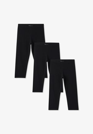Trzy pary czarnych legginsów wykonanych z elastycznego, gładkiego materiału. Każda z nich ma elastyczny pas i dopasowany krój, idealne do odzieży sportowej.