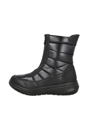 Botas de invierno negras con aislamiento, parte superior acolchada, cremallera lateral y suela de goma gruesa, diseñadas para ofrecer calor y comodidad.