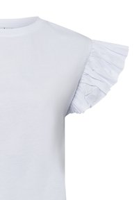 White T-shirt with a round neckline and a ruffled sleeve detail, featuring soft cotton fabric and a smooth texture.