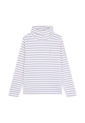 Camisa de cuello alto blanca de manga larga con rayas horizontales moradas y un pequeño logotipo bordado en el pecho. Tejido suave y elástico.