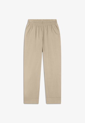 Pantaloni beige con vita elastica, vestibilità ampia, design a gamba dritta, texture liscia e senza pattern o dettagli in metallo visibili.