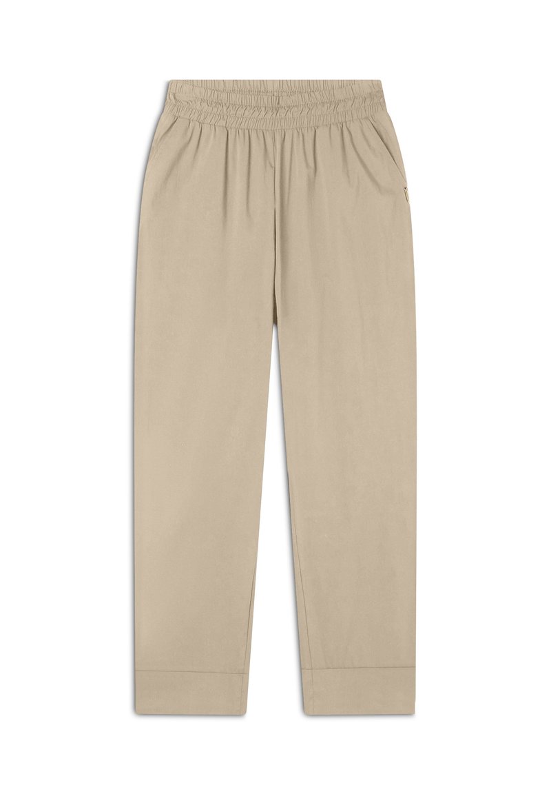 Pantaloni beige con vita elastica, vestibilità ampia, design a gamba dritta, texture liscia e senza pattern o dettagli in metallo visibili.