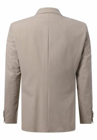 Beiger Blazer mit glatter Textur, einem einzelnen Rückenschlitz und Reverskragen. Verfügt über lange Ärmel und einen Knopfdetail am Bund.