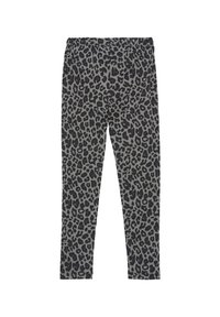 Grijze leggings met een zwart luipaardpatroon, met een elastische tailleband. Zacht, rekbaar materiaal ontworpen voor comfort en flexibiliteit.