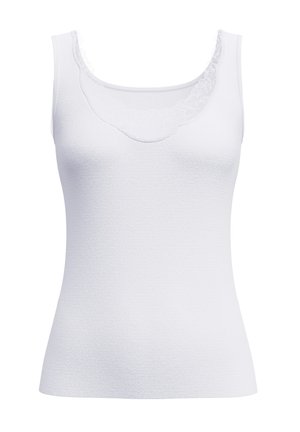 Witte mouwloze tanktop van een gestructureerde stof, met een scalloped kantenkraag en een getailleerd silhouet.