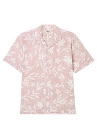 Camisa de manga corta con cuello en rosa claro, que presenta patrones florales blancos y un fondo texturizado. Fabricada con un tejido ligero.