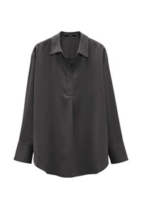 Blouse gris foncé à manches longues en tissu lisse et brillant. Présente un col classique et une patte de boutonnage partielle. Coupe décontractée avec poignets.