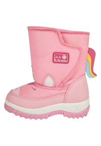 Botín de invierno para niños en color rosa, con un upper de tela suave, un diseño de cara de unicornio y un acento de crin multicolor en el talón. Suela de goma blanca.