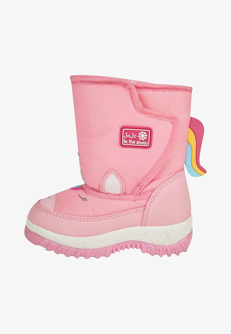 Rozā bērnu ziemas zābaki ar gludu auduma augšdaļu, vienradža sejas dizainu un daudzkrāsainu mēnesi akcentu uz papēža. Balta gumijas zole.