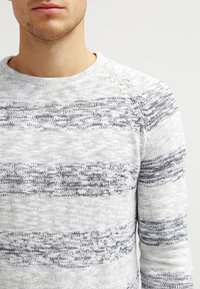 Helles graues Strickpullover mit dunkelgrauen horizontalen Streifen, ausgestattet mit einem Rundhalsausschnitt und gerippten Bündchen. Weiche Textur mit einem klassischen Design.