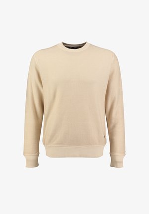 Beige geribd sweatshirt met ronde hals, lange mouwen en een aansluitende onderste zoom. Beschikt over een klein zijlogo label. Glad textuur.
