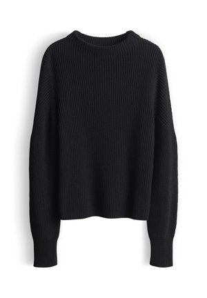 Pull en maille côtelée noir avec des manches longues et un col rond, présenté sur un fond blanc.