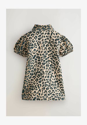 Leopardų rašto suknelė su pūstomis rankovėmis, turinti apykaklę ir struktūrizuotą siluetą. Medžiaga turi lygų paviršių su kontrastingais raštais.