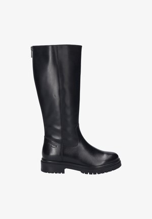 Schwarze kniehohe Stiefel aus Leder mit glatter Textur, stabiler Gummisohle und einem seitlichen Reißverschluss für einfachen Zugang. Mit niedrigem Steppdetail.