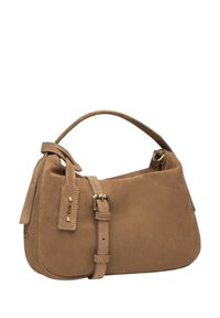 Borsa a tracolla in camoscio marrone con forma arrotondata, manico corto e tracolla removibile. Caratterizzata da una fibbia decorativa e cuciture sottili.