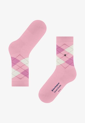 Pink cotton socks featuring a diamond argyle pattern with varying shades of pink and white. Black hardware detail near the ankle.