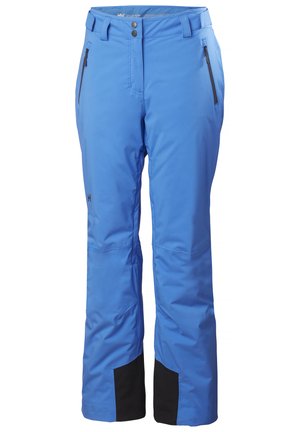 Blauwe waterdichte sneeuwbroeken met een rechte snit, voorzien van zwarte accenten bij de kuiten, twee ritszakken aan de voorkant en een knoopsluiting.