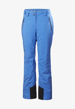 Blauwe waterdichte sneeuwbroeken met een rechte snit, voorzien van zwarte accenten bij de kuiten, twee ritszakken aan de voorkant en een knoopsluiting.