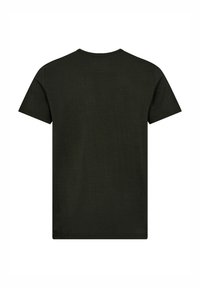 Mørkegrøn kortærmet t-shirt, rund halsudskæring, blødt stof med en glat tekstur, ensfarvet bagpå, ingen synlige mønstre eller dekorationer.
