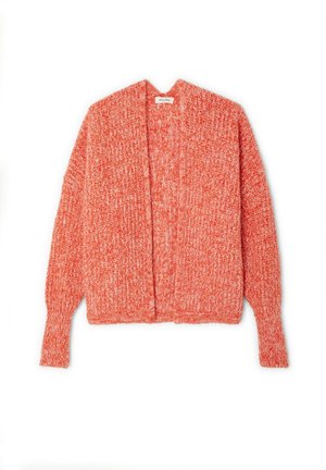 Chunky knit open-front cardigan in a soft, textured blend of orange and white yarn with long sleeves and ribbed cuffs.