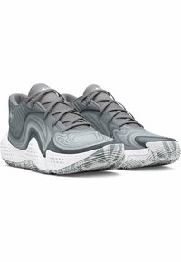 Gray athletic shoes with textured synthetic upper, wave pattern design, and white sole featuring a dotted grip and patterned tread.