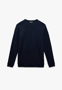 Felpa blu navy realizzata in tessuto a costine, con scollatura rotonda, maniche lunghe e orlo dritto. Senza loghi o design visibili.