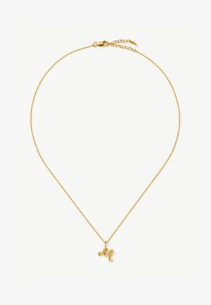 Λεπτό κολιέ με αλυσίδα από χρυσό και μικρό μενταγιόν με την καλλιγραφική γράμμα «m», με κούμπωμα τύπου αστακού σε λευκό φόντο.