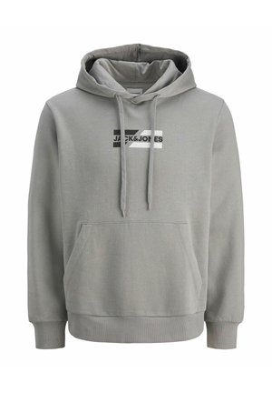 Hanorac din bumbac gri cu șnururi, buzunar kangaroo și un design cu logo în alb și negru pe față. Prezintă mansete și tiv ribbate.