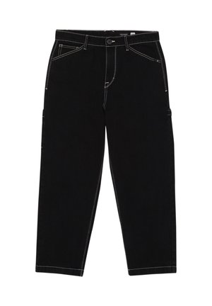 Zwarte denim broek met witte stiksels, voorzien van een knoopsluiting, voorzakken en zijcargo zakken. Rechte pasvorm.