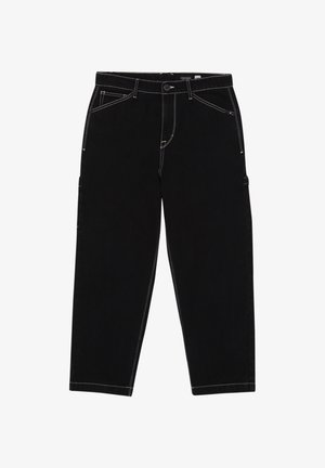 Zwarte denim broek met witte stiksels, voorzien van een knoopsluiting, voorzakken en zijcargo zakken. Rechte pasvorm.