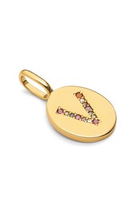 Colgante ovalado de oro con un diseño en "V" adornado con piedras preciosas de varios colores, que presenta una textura pulida y un acabado brillante.