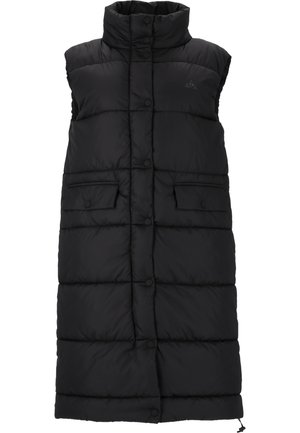 Sort ærmeløs puffervest med høj krave, frontknaplukning, to sidelommer og quiltet tekstur. Skræddersyet pasform og letvægtsdesign.
