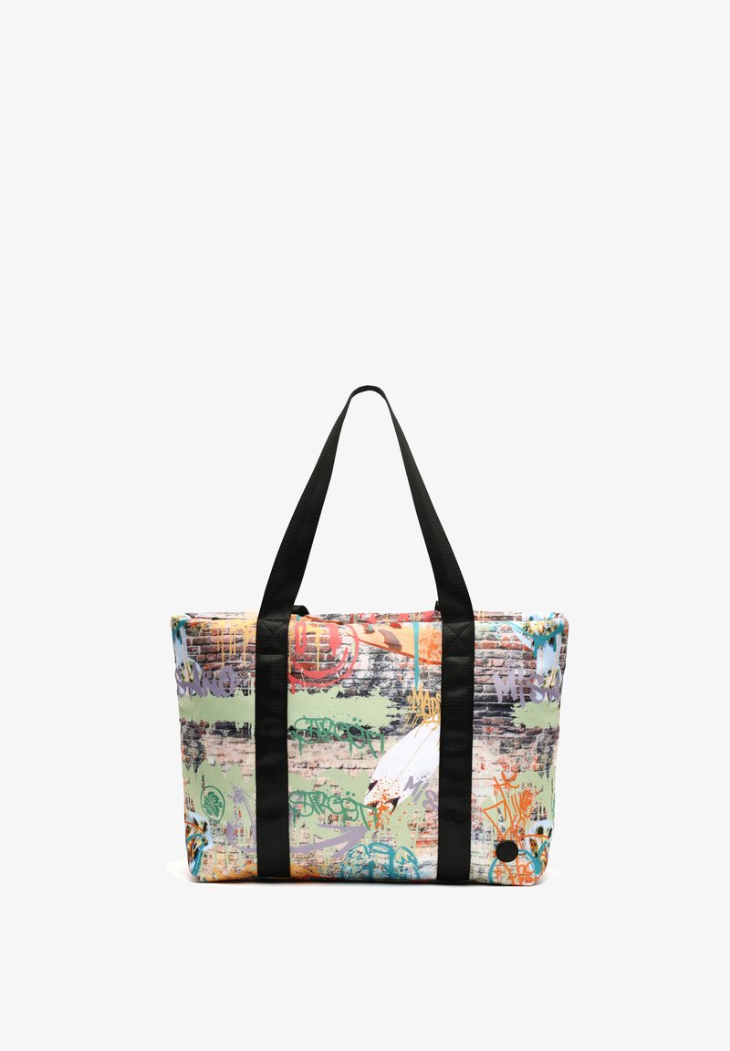 Tote bag med rektangulær form, prydet med et farverigt graffiti-motiv på syntetisk materiale og kontrastfarvede sorte håndtag.