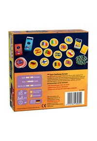 Board game box featuring colorful circular tokens with flags, two card decks, and graphics of European landmarks. Bright orange and dark blue colors.