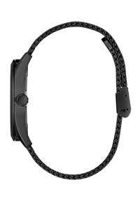 Fekete karóra téglalap alakú számlappal és fonott pánttal. Az óra háza matt, és a szerkezet egyszerű, kerek korona.