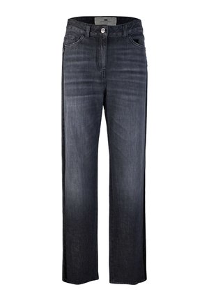 Jeans a gamba larga in denim scuro, con un classico design a cinque tasche, chiusura con bottone metallico e sottili effetti di whiskering sul tessuto.