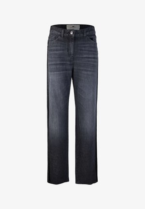 Jeans a gamba larga in denim scuro, con un classico design a cinque tasche, chiusura con bottone metallico e sottili effetti di whiskering sul tessuto.