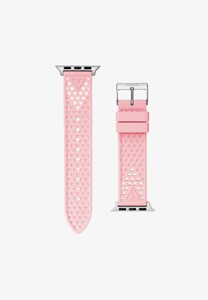 Roze rubberen horlogeband met driehoekig patroon, zilveren hardware en verstelbare gesp. Inclusief gaten voor maatverstelling.