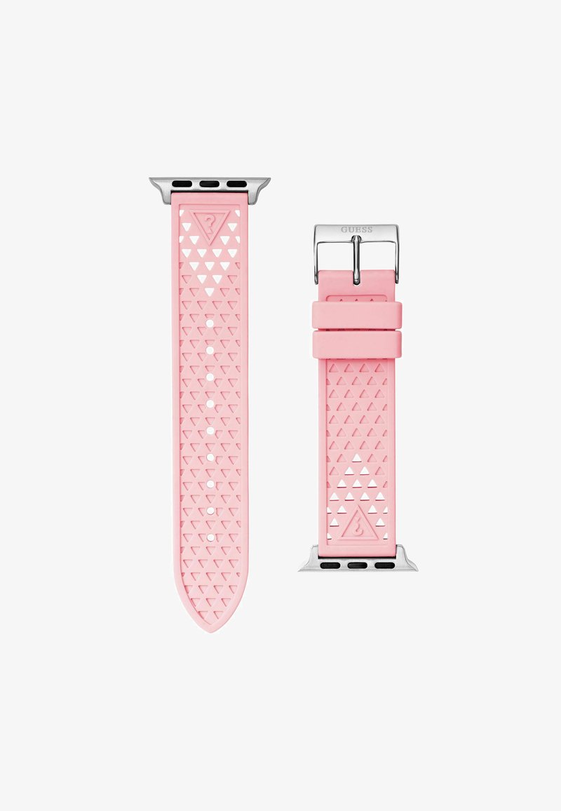 Różowy gumowy pasek do zegarka z trójkątnym wzorem, srebrnymi elementami oraz regulowanym zapięciem. Zawiera otwory do regulacji rozmiaru.