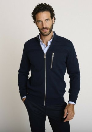 Homme aux cheveux bouclés et foncés portant un pull zippé bleu marine sur une chemise bleu clair, debout avec une main dans la poche devant un fond neutre.