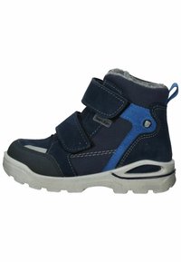 Kinderen navy en blauwe mid-top schoenen, gemaakt van suede en mesh materiaal, met klittenbandsluitingen, grijze stiksels en een gestructureerde rubberen zool.