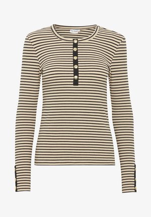 Randig långärmad topp i krämfärgad och svart, med rund halsringning, knäppt placket med gyllene knappar och knappdetaljer vid ärmsluten.