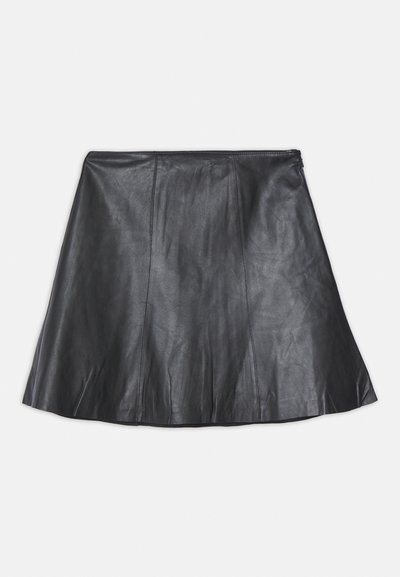 Black leather skirt with a flared design, featuring vertical seams and a smooth texture. Simple waistband and no visible hardware.
